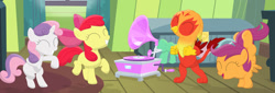 Size: 1534x521 | Tagged: safe, artist:porygon2z, imported from derpibooru, apple bloom, scootaloo, sweetie belle, oc, oc:heatwave, griffon, chickub, cutie mark crusaders, dancing, gramophone