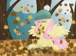 Size: 1200x899 | Tagged: safe, artist:moonscream7, imported from derpibooru, fluttershy, pegasus, pony, autumn, cloud, cute, eyes closed, female, hat, leaves, open mouth, shyabetes, sitting, solo, spread wings, tree, wings