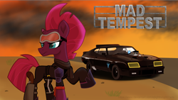 Size: 4592x2597 | Tagged: safe, artist:ejlightning007arts, imported from derpibooru, tempest shadow, pony, badass, car, crossover, female, ford falcon, goggles, gun, holster, interceptor, mad max, solo, wallpaper, wasteland, weapon