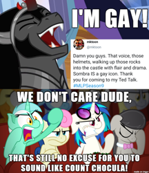 Size: 610x707 | Tagged: safe, artist:php11, artist:zutheskunk edits, edit, edited screencap, imported from derpibooru, screencap, bon bon, carrot top, derpy hooves, dj pon-3, doctor whooves, golden harvest, king sombra, lyra heartstrings, minuette, octavia melody, sweetie drops, time turner, vinyl scratch, the beginning of the end, caption, count chocula, gay, image macro, lgbt, lgbt drama, lgbt headcanon, male, meta, mike vogel, seems legit, slur, sombra drama, text, twitter