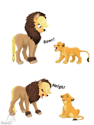 Size: 3504x4632 | Tagged: safe, artist:shadeila, imported from derpibooru, applejack, big cat, lion, pony, scare master, animal costume, applelion, clothes, comic, costume, crossover, cub, cute, dialogue, disney, duo, eyes closed, horse noises, jackabetes, neigh, nightmare night costume, open mouth, rawr, simba, the lion king, this will end in tears