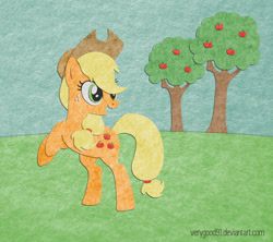 Size: 948x843 | Tagged: safe, artist:verygood91, imported from derpibooru, applejack, earth pony, pony, apple, apple tree, applejack's hat, cowboy hat, felt, female, food, grass, hat, hooves in air, hooves up, mare, open mouth, signature, sky, smiling, solo, tree, yeehaw