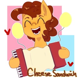 Size: 1280x1280 | Tagged: safe, artist:nocturne1113, imported from derpibooru, cheese sandwich, earth pony, pony, abstract background, accordion, balloon, cute, diacheeses, eyes closed, heart, male, musical instrument, open mouth, solo, stallion