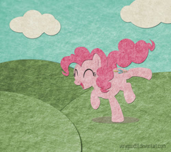 Size: 948x843 | Tagged: safe, artist:verygood91, imported from derpibooru, pinkie pie, earth pony, pony, cloud, cute, diapinkes, eyes closed, felt, female, grass, grass field, happy, mare, open mouth, signature, sky, smiling, solo