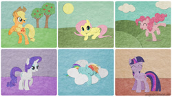 Size: 1024x576 | Tagged: safe, artist:verygood91, imported from derpibooru, applejack, fluttershy, pinkie pie, rainbow dash, rarity, twilight sparkle, earth pony, pegasus, pony, unicorn, apple, apple tree, applejack's hat, cloud, cowboy hat, eyes closed, felt, female, food, grass, happy, hat, hooves in air, hooves up, lidded eyes, looking at you, lying down, mane six, mare, open mouth, raised hoof, sky, sleeping, smiling, sun, tree, unicorn twilight, wallpaper, yeehaw