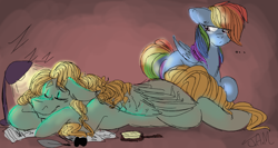 Size: 1560x828 | Tagged: safe, artist:ihasjessie-kat, imported from derpibooru, rainbow dash, zephyr breeze, pegasus, pony, ..., eye clipping through hair, eyes closed, female, floppy ears, hairbrush, ink, lamp, loose hair, male, onomatopoeia, prone, quill pen, shipping, sleeping, sound effects, straight, zephdash, zephyrbetes, zzz