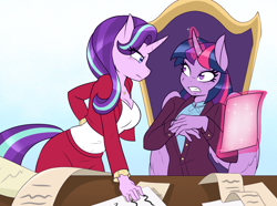 Size: 1788x1332 | Tagged: dead source, safe, artist:ambris, imported from derpibooru, starlight glimmer, twilight sparkle, alicorn, anthro, unicorn, the beginning of the end, breasts, busty starlight glimmer, cleavage, clothes, female, glowing horn, magic, paper, scene interpretation, telekinesis, twilight sparkle (alicorn)