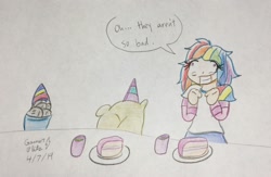 Size: 2362x1536 | Tagged: safe, artist:gmangamer25, imported from derpibooru, rainbow dash, human, party of one, cake, drink, flour, food, hat, humanized, party, party hat, personality swap, rainbowmena, rock, swap, traditional art, wat