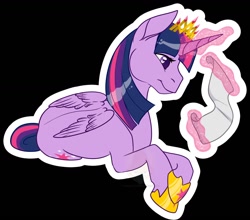 Size: 1280x1128 | Tagged: safe, artist:grumpygriffcreation, imported from derpibooru, part of a set, twilight sparkle, alicorn, pony, black background, crown, glowing horn, hoof shoes, horse shoes, jewelry, lightly watermarked, looking at something, lying down, magic, outline, reading, regalia, scroll, simple background, solo, telekinesis, twilight sparkle (alicorn), watermark, white outline