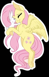 Size: 823x1280 | Tagged: safe, artist:grumpygriffcreation, imported from derpibooru, part of a set, angel bunny, fluttershy, pegasus, pony, black background, cute, duo, eyes closed, flying, hug, lightly watermarked, looking at each other, outline, shyabetes, simple background, watermark, white outline