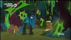 Size: 1366x768 | Tagged: safe, imported from derpibooru, screencap, queen chrysalis, changeling, changeling queen, the beginning of the end, female, forest, log, solo