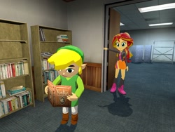 Size: 1024x768 | Tagged: safe, artist:aso-designer, imported from derpibooru, sunset shimmer, human, hylian, equestria girls, 3d, barely eqg related, book, crossover, gmod, library, link, nintendo, read, reading, the legend of zelda, toon link