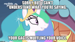 Size: 888x499 | Tagged: safe, edit, edited screencap, imported from derpibooru, screencap, princess celestia, pony, the beginning of the end, caption, discovery family logo, domlestia, female, gag, image macro, implied bondage, solo, text