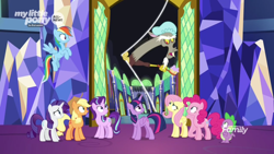 Size: 1366x768 | Tagged: safe, imported from derpibooru, screencap, applejack, discord, fluttershy, pinkie pie, rainbow dash, rarity, spike, starlight glimmer, twilight sparkle, alicorn, dragon, the beginning of the end, brush, discovery family logo, distorted, distortion, door, hat, mane seven, mane six, shower cap, soap, twilight sparkle (alicorn), twilight's castle, winged spike, wings