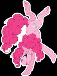 Size: 959x1280 | Tagged: safe, artist:grumpygriffcreation, imported from derpibooru, part of a set, pinkie pie, earth pony, pony, black background, female, lightly watermarked, looking at you, open mouth, outline, simple background, solo, standing, standing on one leg, watermark, white outline