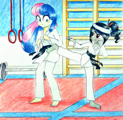 Size: 904x884 | Tagged: safe, artist:liaaqila, imported from derpibooru, bon bon, sweetie drops, oc, oc:ebony darkness, equestria girls, barefoot, black belt, block, clothes, feet, gi, headband, karate, kick, martial arts, pants, robe, tournament, traditional art, trousers