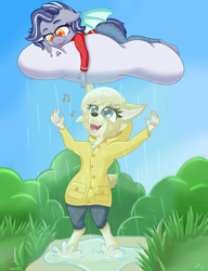 Size: 769x1000 | Tagged: safe, artist:luciusheart, imported from derpibooru, oc, oc:rain, anthro, bat pony, dog, bat pony oc, cute, furry, puddle, rain, raincoat