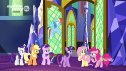 Size: 1366x768 | Tagged: safe, imported from derpibooru, screencap, applejack, fluttershy, pinkie pie, rainbow dash, rarity, starlight glimmer, twilight sparkle, alicorn, pony, the beginning of the end, discovery family logo, door, female, twilight sparkle (alicorn), twilight's castle