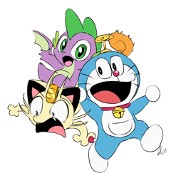 Size: 1000x1014 | Tagged: safe, artist:emositecc, imported from derpibooru, spike, cat, dragon, meowth, crossover, cute, doraemon, male, open mouth, pokémon, spikabetes, winged spike, wings