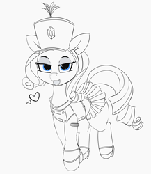 Size: 2749x3170 | Tagged: safe, artist:pabbley, imported from derpibooru, rarity, pony, unicorn, clothes, cute, female, hat, heart, high heels, looking at you, mare, mary janes, monochrome, neo noir, open mouth, partial color, pleated skirt, shoes, skirt, skirt lift, solo, uniform