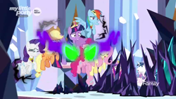 Size: 1366x768 | Tagged: safe, imported from derpibooru, screencap, applejack, fluttershy, pinkie pie, princess cadance, princess flurry heart, rainbow dash, rarity, shining armor, twilight sparkle, alicorn, pony, the beginning of the end, big crown thingy, crystal, crystal castle, dark magic, discovery family logo, jewelry, levitation, magic, mane six, regalia, sombra eyes, telekinesis, trapped, twilight sparkle (alicorn)