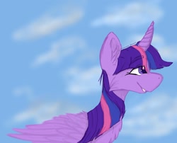 Size: 1280x1035 | Tagged: safe, artist:prismatic-pencil, imported from derpibooru, twilight sparkle, alicorn, pony, cheek fluff, chest fluff, cloud, cute, ear fluff, eye clipping through hair, eyebrows, eyebrows visible through hair, female, mare, profile, sky, solo, twiabetes, twilight sparkle (alicorn), wing fluff