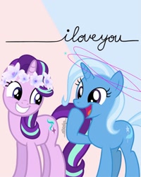 Size: 1080x1350 | Tagged: artist needed, safe, imported from derpibooru, starlight glimmer, trixie, pony, unicorn, circling stars, cute, diatrixes, female, flower, flower in hair, glimmerbetes, lesbian, pink background, shipping, simple background, startrix