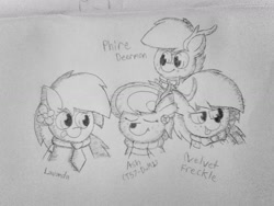 Size: 1600x1200 | Tagged: safe, artist:thebadbadger, imported from derpibooru, oc, oc:ash, oc:lavanda, oc:phire demon, oc:velvet freckle, deer, pegasus, pony, grayscale, monochrome, traditional art