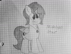 Size: 1600x1200 | Tagged: safe, artist:thebadbadger, imported from derpibooru, oc, oc:midnight star, alicorn, pony, graph paper, grayscale, lined paper, monochrome, traditional art