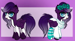 Size: 1214x658 | Tagged: safe, artist:classicalvaccine, imported from derpibooru, oc, oc only, oc:tranquil skies, pegasus, pony, blank flank, blaze (coat marking), clothes, coat markings, facial markings, female, floral head wreath, flower, heart eyes, mare, scar, socks, solo, striped socks, sweater, wingding eyes