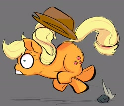 Size: 1922x1636 | Tagged: safe, artist:noupu, imported from derpibooru, applejack, earth pony, pony, cowboy hat, female, gray background, hat, mare, rock, simple background, this will end in pain, tripping