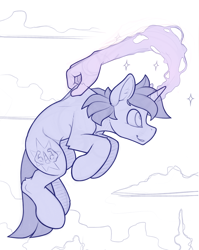 Size: 1200x1504 | Tagged: safe, artist:yakovlev-vad, imported from derpibooru, oc, oc only, pony, unicorn, cloud, ear fluff, flying, hand, levitation, magic, magic hands, male, monochrome, paradox, scruff, seems legit, self-levitation, simple background, sketch, slim, solo, stallion, troll physics