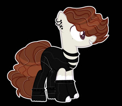 Size: 600x521 | Tagged: safe, artist:sasha-meow, imported from derpibooru, oc, oc only, oc:powerslam, earth pony, pony, beauty mark, black background, boots, choker, clothes, ear piercing, earring, female, fingerless gloves, gloves, hair over one eye, jewelry, mare, pants, piercing, shoes, simple background, singlet, solo, spandex, spiked wristband, wrestler, wristband