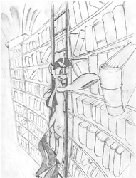 Size: 628x823 | Tagged: safe, artist:rocket-lawnchair, artist:sonicontinuum, imported from derpibooru, twilight sparkle, pony, black and white, book, grayscale, ladder, library, monochrome, traditional art