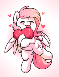 Size: 650x850 | Tagged: safe, artist:paperbagpony, imported from derpibooru, oc, oc only, oc:sugar morning, pegasus, pony, blushing, female, happy, heart, hug, in love, mare, smiling, sparkles, tongue out