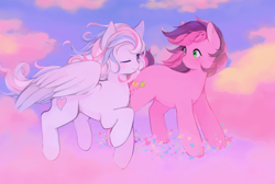 Size: 1280x860 | Tagged: safe, artist:serafelis, imported from derpibooru, skywishes, star catcher, butterfly, earth pony, pegasus, pony, dancing in the clouds, blushing, cloud, cute, cutewishes, duo, female, flying, g3, g3 to g4, g4, generation leap, lesbian, looking at each other, mare, one eye closed, raised hoof, scene interpretation, shipping, skycatcher, sparkles, starabetes, wink