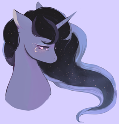 Size: 1280x1338 | Tagged: safe, artist:serafelis, imported from derpibooru, princess luna, alicorn, pony, beauty mark, bust, ethereal mane, female, floppy ears, lidded eyes, limited palette, mare, missing accessory, simple background, solo, sparkles, starry mane