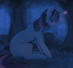 Size: 1265x1180 | Tagged: safe, artist:serafelis, imported from derpibooru, twilight sparkle, pony, unicorn, blank flank, dark, female, forest, glowing horn, lidded eyes, mare, missing cutie mark, night, profile, sad, sitting, solo, unicorn twilight