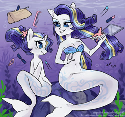 Size: 1500x1400 | Tagged: safe, artist:nebychko, imported from derpibooru, rarity, mermaid, pony, seapony (g4), equestria girls, bandeau, belly button, breasts, cleavage, comb, human ponidox, lipstick, mermaid tail, mermaidized, mirror, seaponified, seapony rarity, self ponidox, species swap, underwater