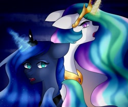 Size: 2140x1800 | Tagged: safe, artist:verbamagistri, imported from derpibooru, princess celestia, princess luna, alicorn, pony, abstract background, crown, duo, ethereal mane, female, floppy ears, glowing horn, jewelry, looking at you, looking back, mare, open mouth, regalia, royal sisters, sisters