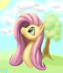 Size: 1011x1172 | Tagged: safe, artist:tyf2213, imported from derpibooru, fluttershy, pony, bust, cloud, female, looking up, mare, profile, smiling, solo, sun, tree