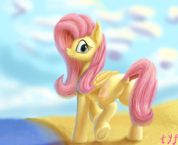 Size: 1280x1041 | Tagged: safe, artist:tyf2213, imported from derpibooru, fluttershy, pegasus, pony, beach, butt, dock, female, looking at you, looking back, looking back at you, mare, plot, rear view, smiling, solo, underhoof