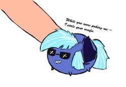 Size: 757x522 | Tagged: safe, artist:uncreative, imported from derpibooru, oc, oc only, oc:blue blur, bat pony, blob, chibi, female, grin, poking, smiling, sunglasses, touch