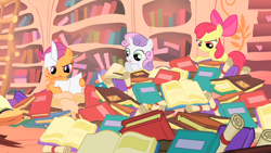 Size: 1280x720 | Tagged: safe, imported from derpibooru, screencap, apple bloom, scootaloo, sweetie belle, earth pony, pegasus, pony, unicorn, the show stoppers, book, bookshelf, cutie mark crusaders, female, filly, foal, golden oaks library, library, mess, scroll, trio
