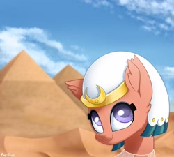 Size: 2590x2332 | Tagged: safe, artist:puetsua, imported from derpibooru, somnambula, pegasus, pony, bust, cloud, cute, desert, ear fluff, female, mare, pyramid, pyramids of giza, smiling, solo, somnambetes