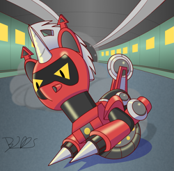 Size: 1653x1628 | Tagged: safe, artist:trackheadtherobopony, imported from derpibooru, oc, oc only, oc:buzzsaw, pony, robot, robot pony, drifting, drill, highway, monowheel, sawblade, solo, spikes