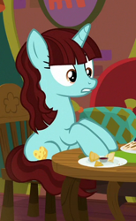 Size: 260x421 | Tagged: safe, imported from derpibooru, screencap, say cheese, pony, unicorn, the point of no return, background pony, cropped, dish, female, mare, sitting, solo, the tasty treat