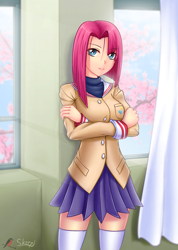 Size: 800x1126 | Tagged: safe, artist:skorpionletun, imported from derpibooru, pinkie pie, human, anime, cherry blossoms, clannad, clothes, crossover, flower, flower blossom, happy, humanized, pinkamena diane pie, school uniform