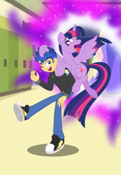 Size: 1100x1592 | Tagged: safe, artist:bbbhuey, imported from derpibooru, flash sentry, twilight sparkle, alicorn, human, equestria girls, equestria girls series, canterlot high, converse, female, flashlight, human flash sentry x pony twilight, interspecies, male, portal, shipping, shoes, straight, twilight sparkle (alicorn)