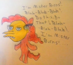 Size: 1389x1229 | Tagged: safe, artist:dex stewart, imported from derpibooru, pinkie pie, pony, mister burns, the simpsons, traditional art, ytpmv